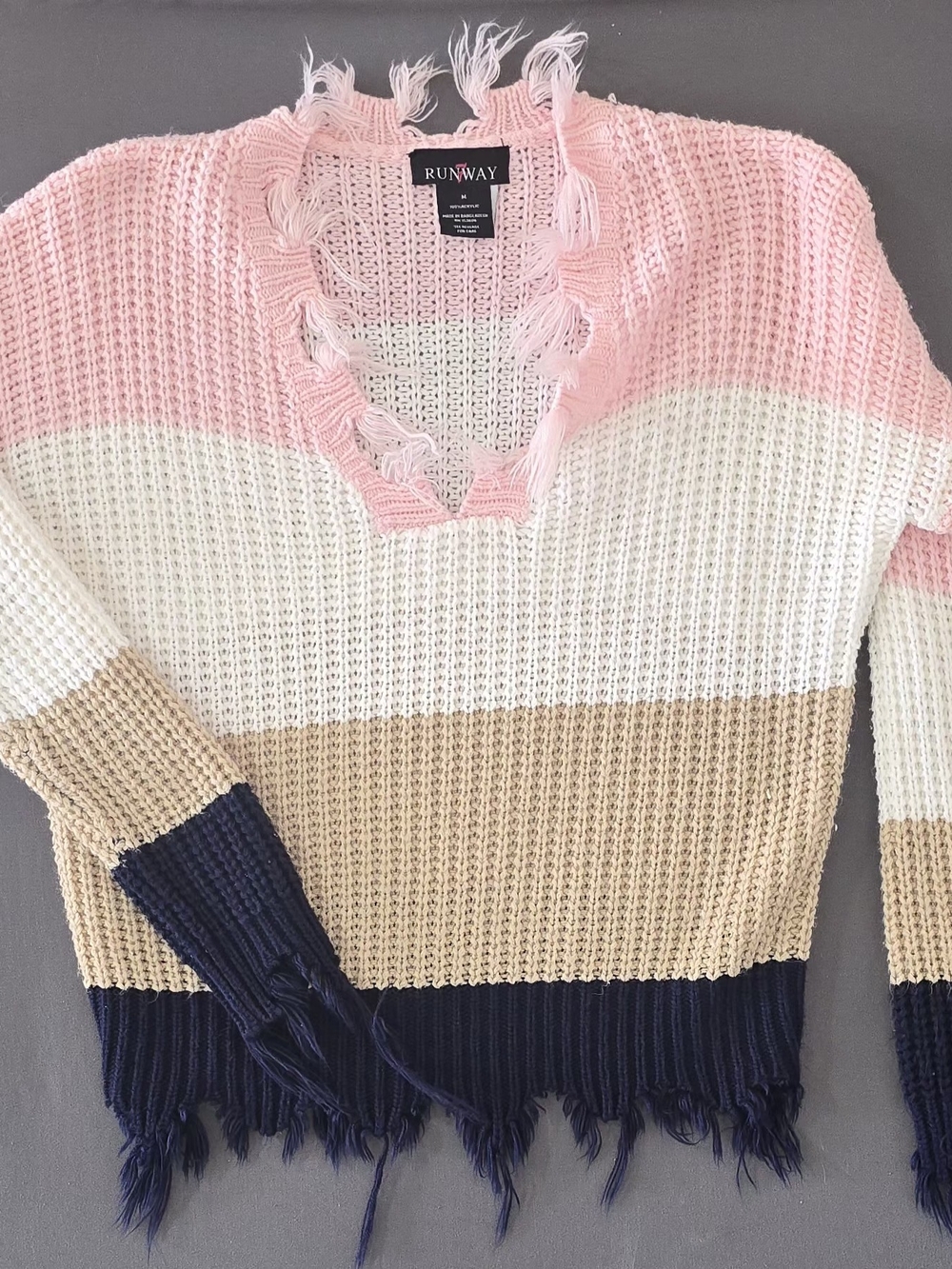 Runway Pink, Cream & Navy Colorblock Fringe V-Neck Sweater